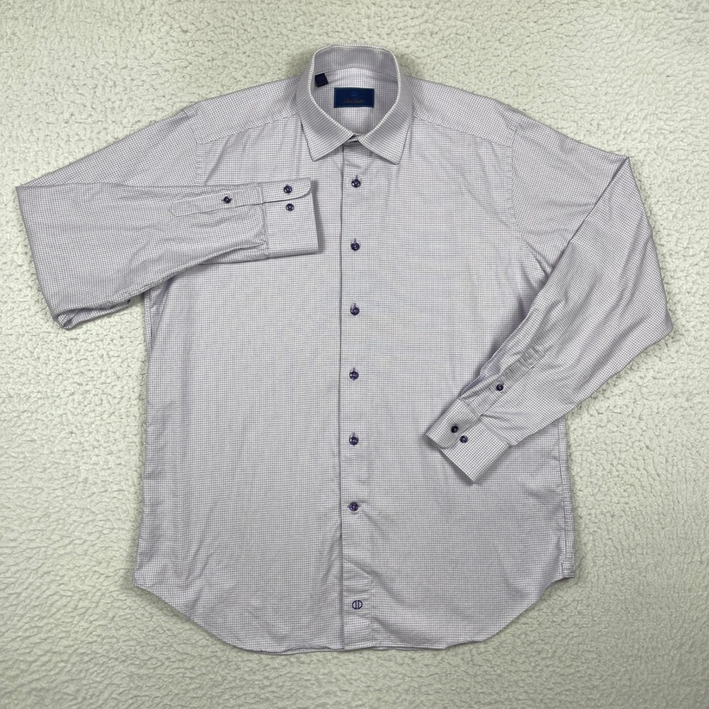 David Donahue Button Down Shirt Mens 16.5 36/37 Purple Micro Check Professional